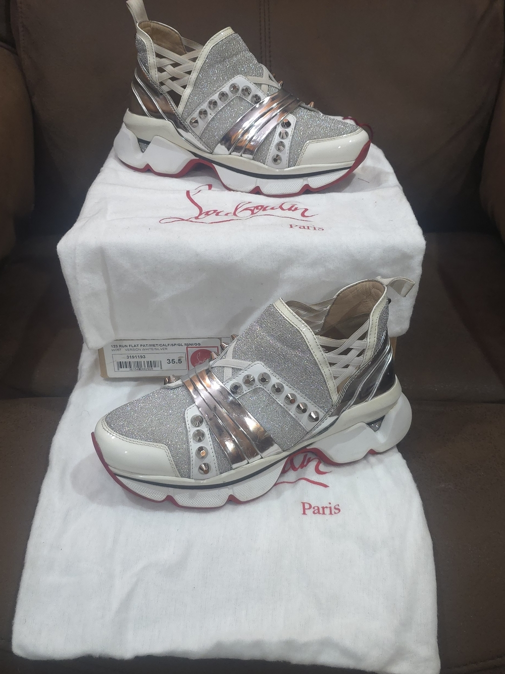Christian Louboutin Silver Glitter & Metallic Strap Chunky Sneakers